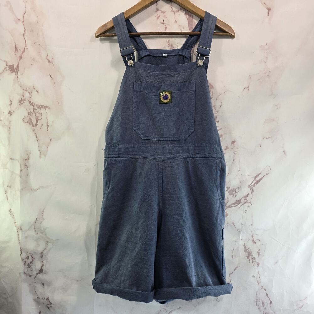 Vintage Shortalls Womens Medium Short Overalls Blue 90s Sunflower Bee Modest